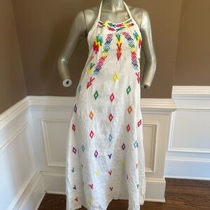 NWT ALL THINGS MOCHI Linen Halter Embroidered White Midi Dress Sz Large